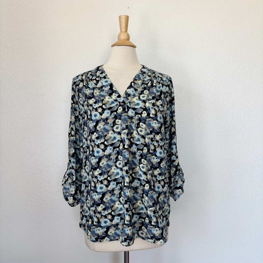 Black Blue & Grey Watercolor Long Sleeve Blouse